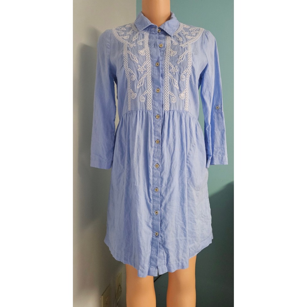 Lilly Pulitzer Shirt Dress Women XS Blue Lagoon Linen Embroidered Mini